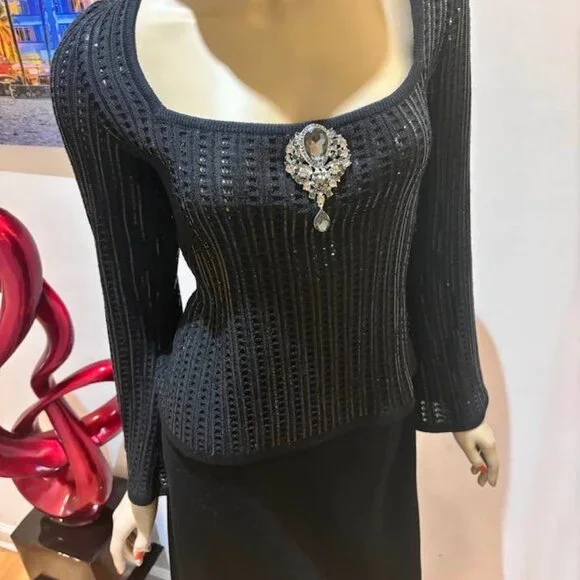 St John evening set skirt suit embellished paillettes sequined Large 12 crochet - Picture 5 of 5